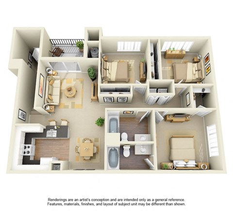 Floor plan for 3 beds, 2 baths, 1343 sqft